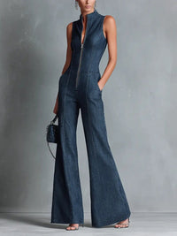 Camila | Women's High Neck Zip Front Flare Leg Denim Jumpsuit Blue