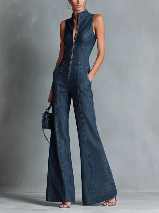 Camila | Women's High Neck Zip Front Flare Leg Denim Jumpsuit Blue