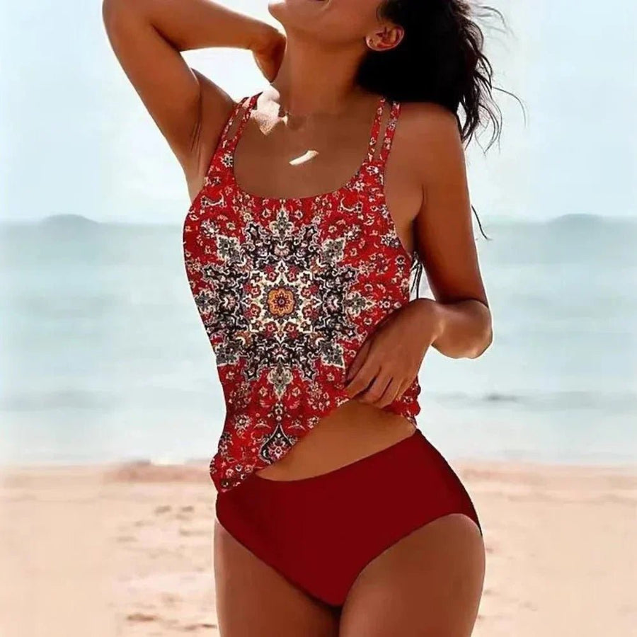 Emma | Women's High-Waisted Printed Two-Piece Tankini Red
