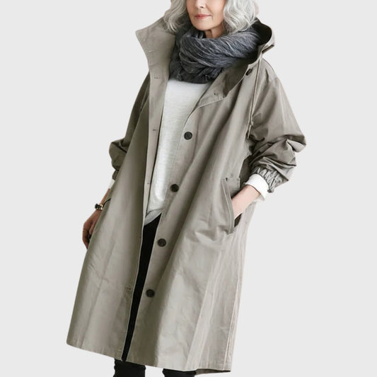Amelia | Women's Hooded Waterproof Relaxed-Fit Long Trench Coat Grey