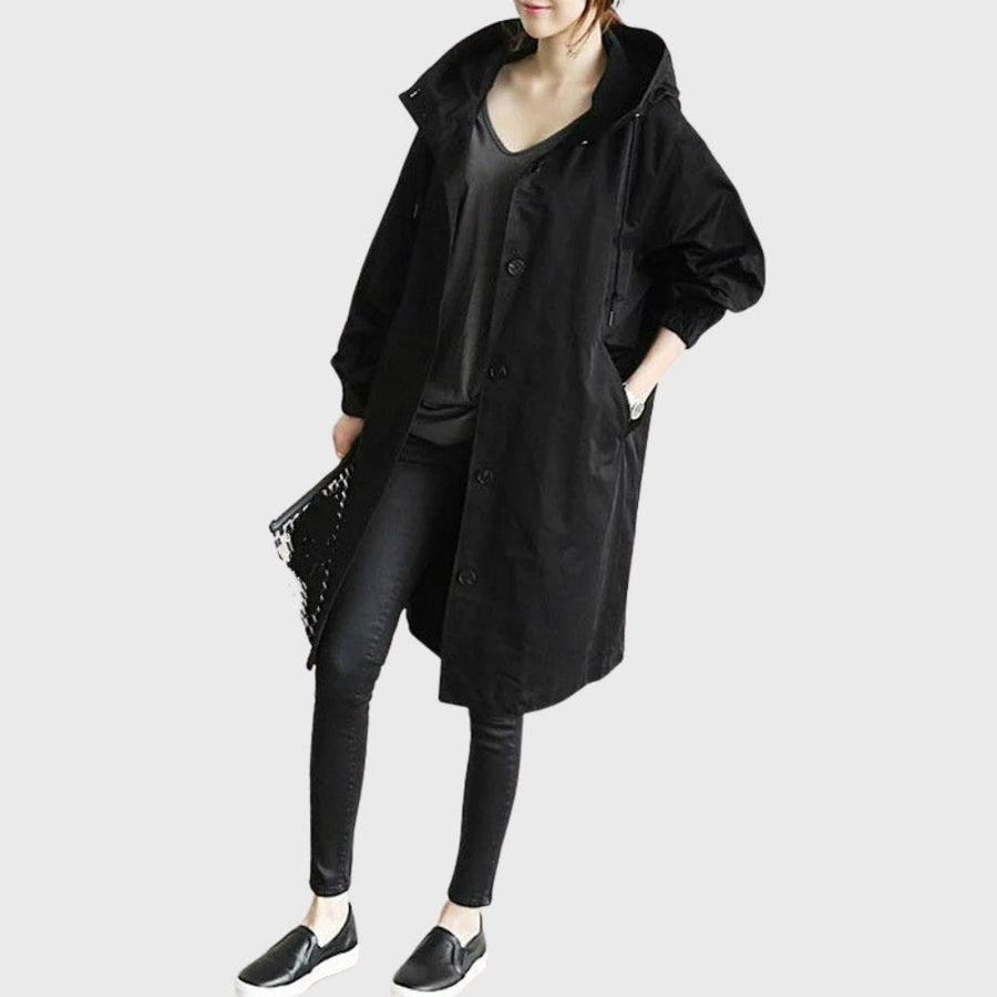 Amelia | Women's Hooded Waterproof Relaxed-Fit Long Trench Coat Black