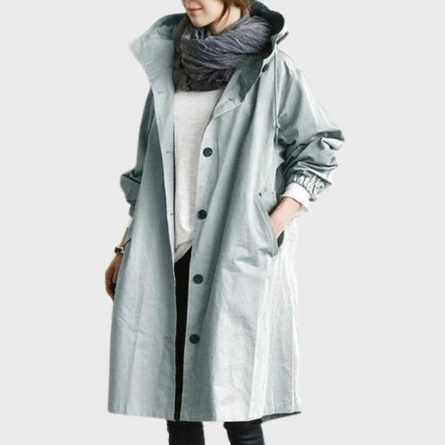 Amelia | Women's Hooded Waterproof Relaxed-Fit Long Trench Coat Light Blue