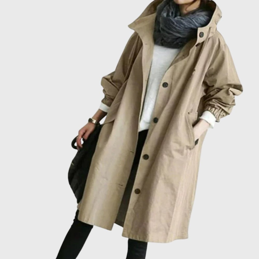 Amelia | Women's Hooded Waterproof Relaxed-Fit Long Trench Coat Brown