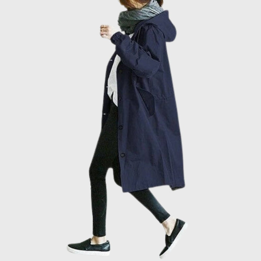 Amelia | Women's Hooded Waterproof Relaxed-Fit Long Trench Coat Blue