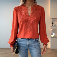 Sophia | Women's Lace-Bodice V-Neck Smocked-Cuff Long-Sleeve Blouse Terracotta