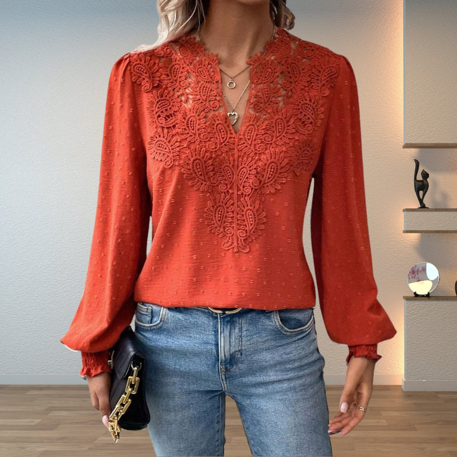 Sophia | Women's Lace-Bodice V-Neck Smocked-Cuff Long-Sleeve Blouse Terracotta