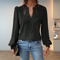 Sophia | Women's Lace-Bodice V-Neck Smocked-Cuff Long-Sleeve Blouse Black