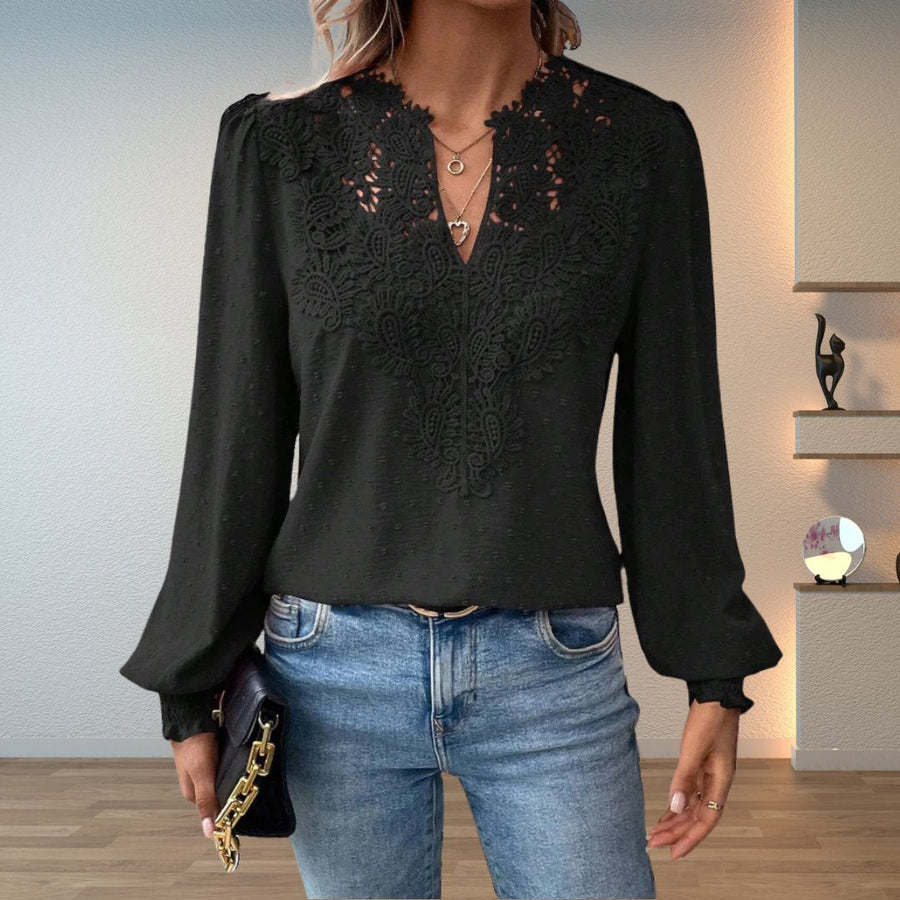 Sophia | Women's Lace-Bodice V-Neck Smocked-Cuff Long-Sleeve Blouse Black
