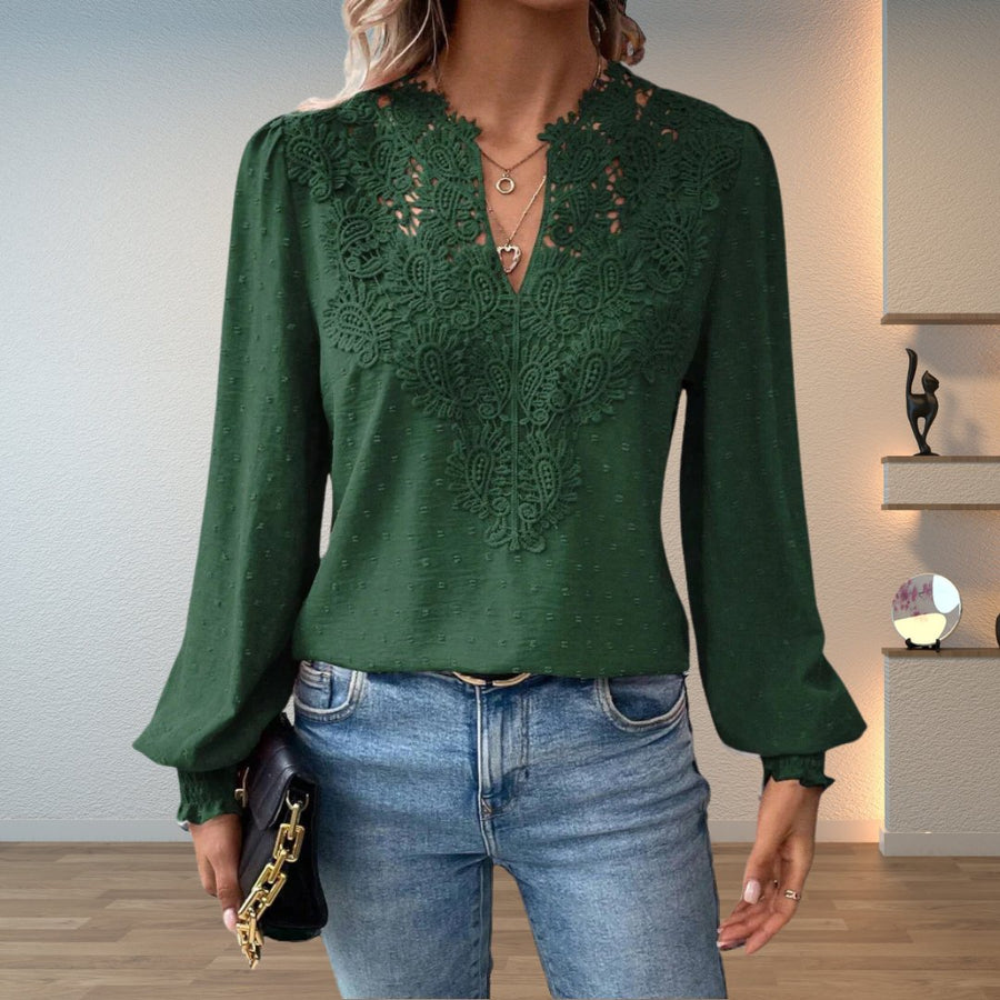 Sophia | Women's Lace-Bodice V-Neck Smocked-Cuff Long-Sleeve Blouse Dark Green
