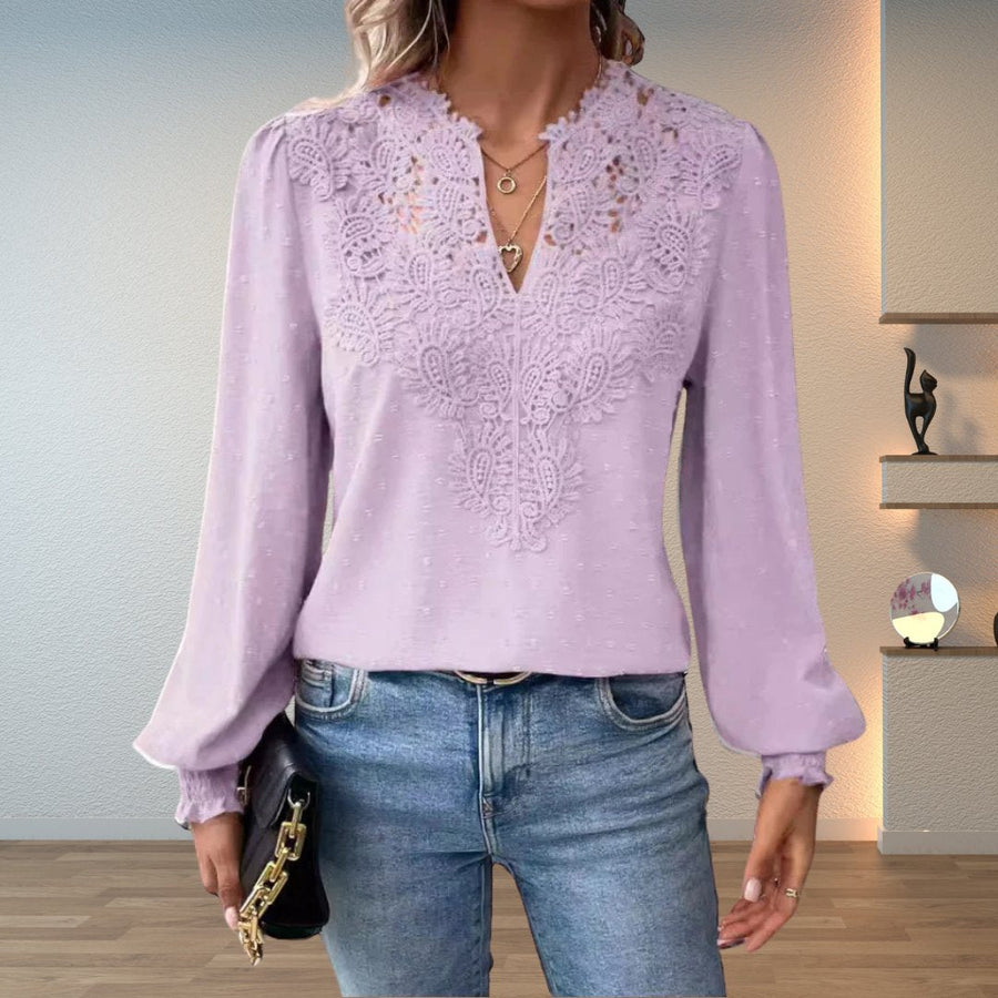 Sophia | Women's Lace-Bodice V-Neck Smocked-Cuff Long-Sleeve Blouse Light Purple