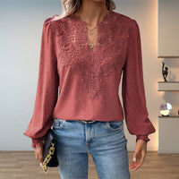 Sophia | Women's Lace-Bodice V-Neck Smocked-Cuff Long-Sleeve Blouse Dusty Pink