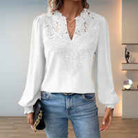 Sophia | Women's Lace-Bodice V-Neck Smocked-Cuff Long-Sleeve Blouse White
