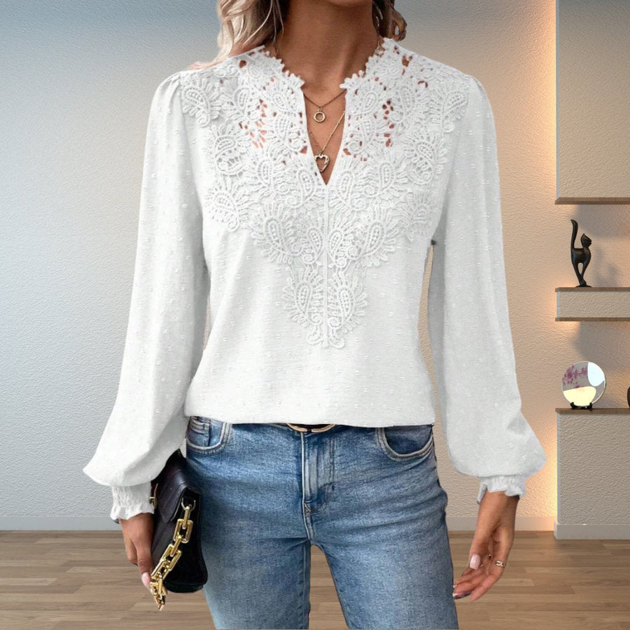 Sophia | Women's Lace-Bodice V-Neck Smocked-Cuff Long-Sleeve Blouse White