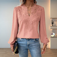 Sophia | Women's Lace-Bodice V-Neck Smocked-Cuff Long-Sleeve Blouse Pink