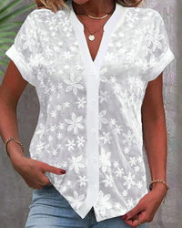 Layla | Women's Lace Floral Button-Down Blouse Short Sleeve V-Neck White