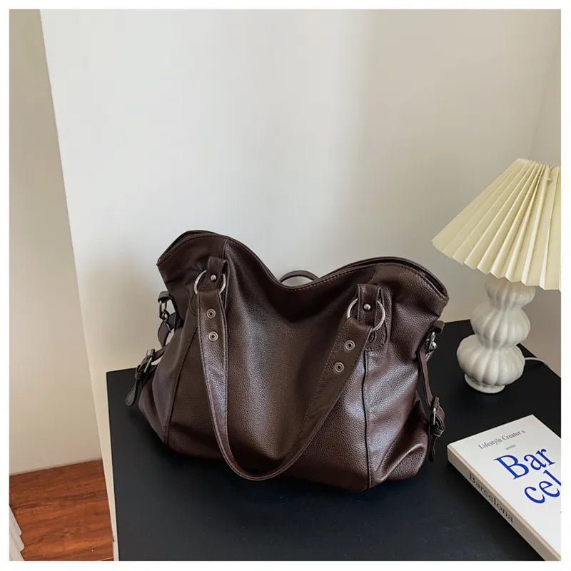 Amelia | Women's Large Capacity Leather Shoulder Tote Bag Studded Brown