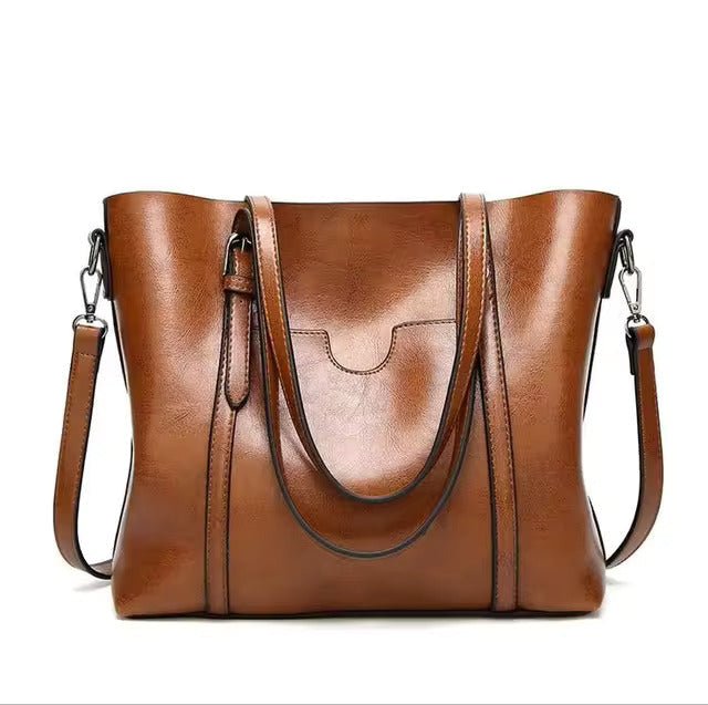 Layla | Women's Large Leather-Look Oil-Wax Shoulder Tote Bag Brown