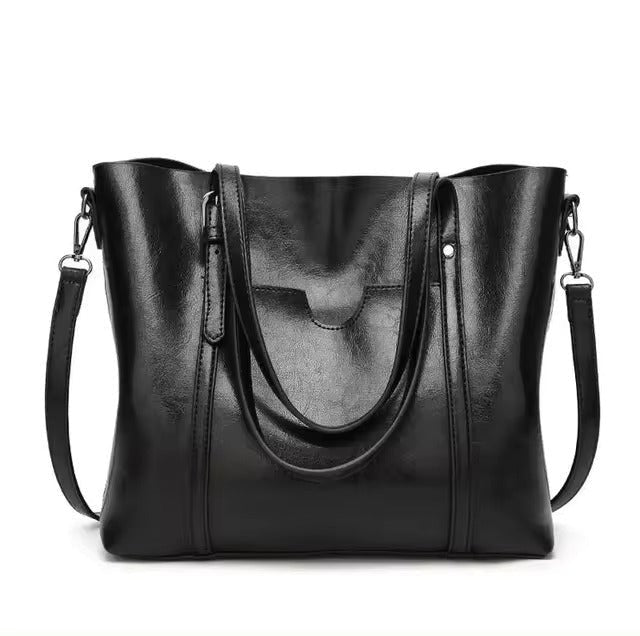 Layla | Women's Large Leather-Look Oil-Wax Shoulder Tote Bag Black