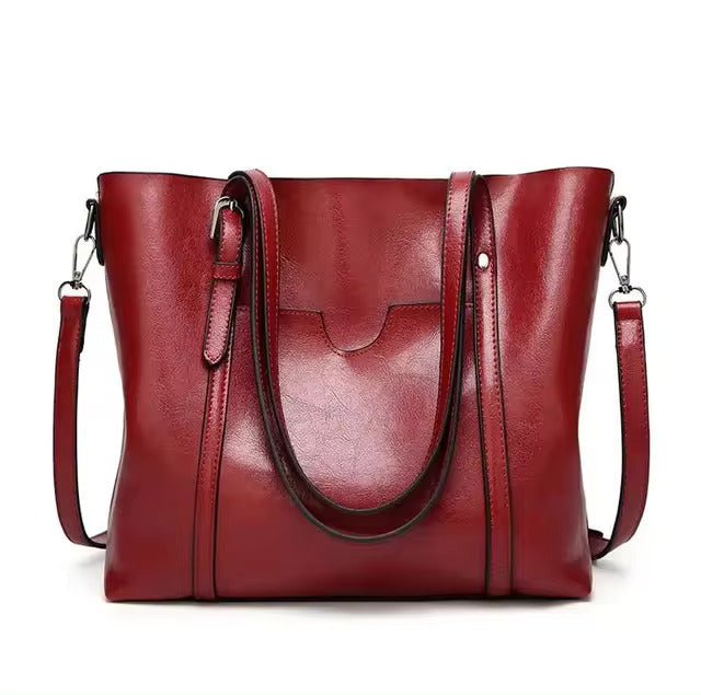 Layla | Women's Large Leather-Look Oil-Wax Shoulder Tote Bag Red