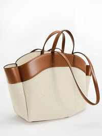 Charlotte | Women's Large Leather-Trim Open-Top Canvas Tote Bag Beige and Brown