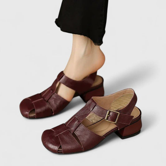 Layla | Women's Leather Sandals Square Toe Block Heel Strappy Brown