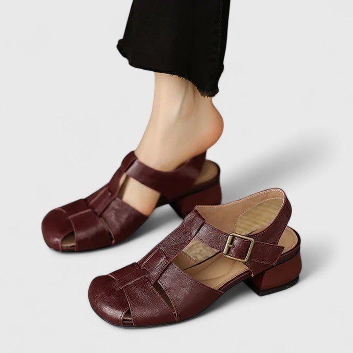Layla | Women's Leather Sandals Square Toe Block Heel Strappy Brown
