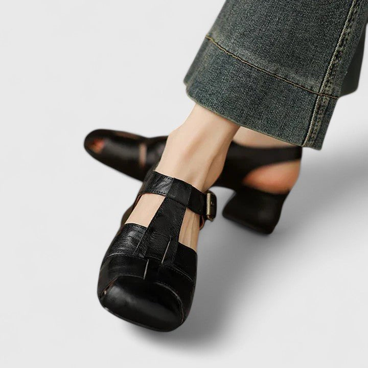 Layla | Women's Leather Sandals Square Toe Block Heel Strappy Black