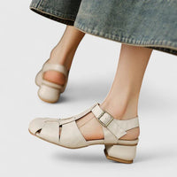 Layla | Women's Leather Sandals Square Toe Block Heel Strappy Beige