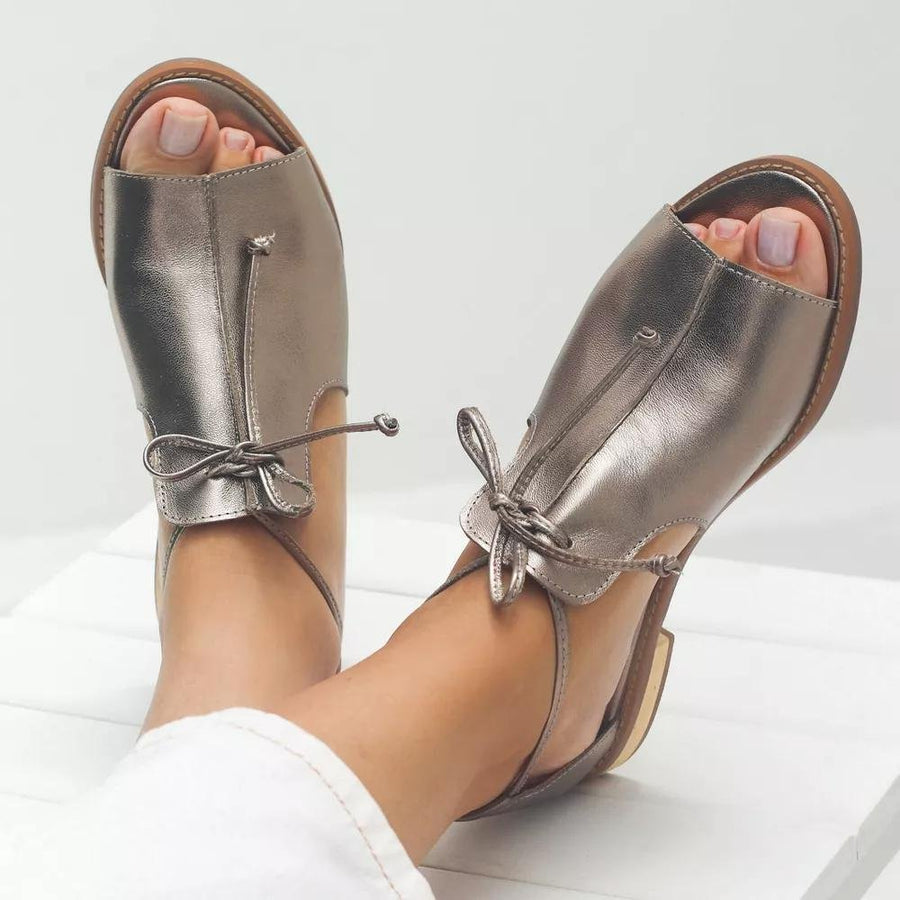 Scarlett | Women's Leather Strap Sandals Adjustable Bow Tie Open Toe Champagne
