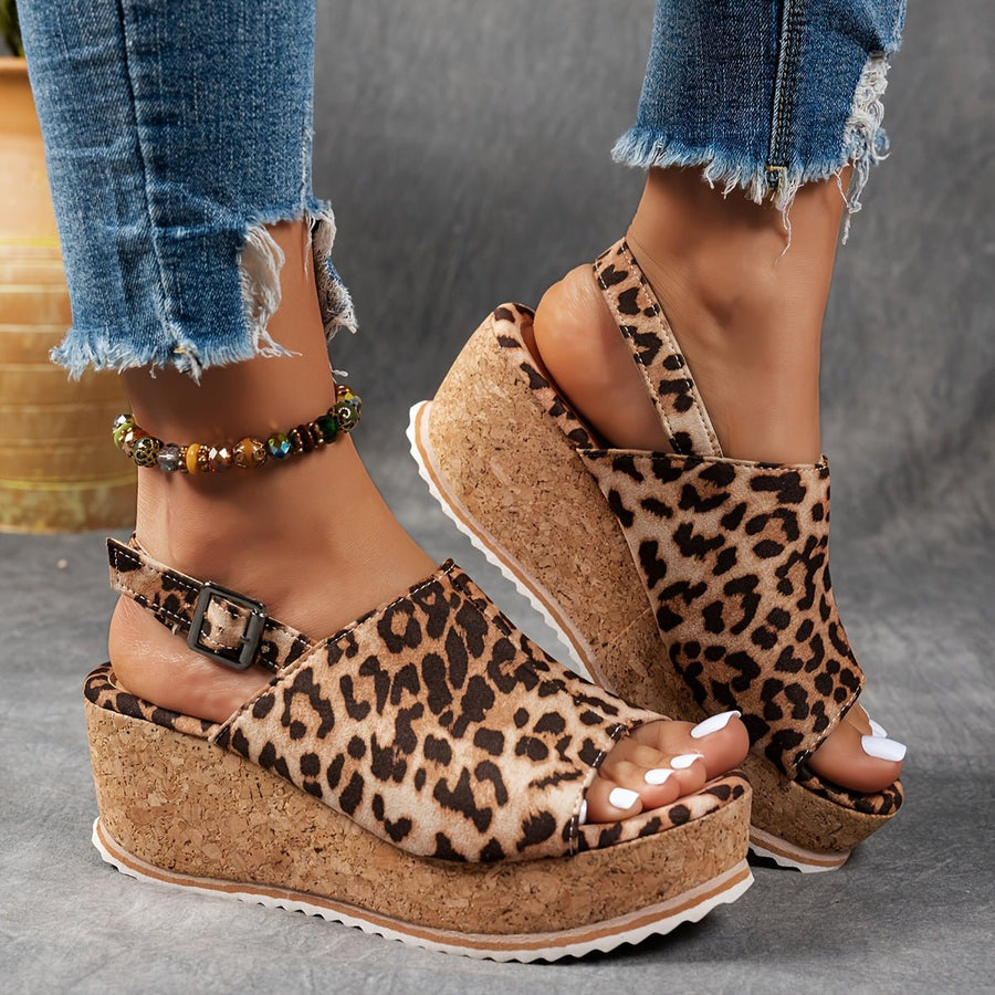 Amelia | Women's Leopard Print Platform Wedge Comfortable Sandals Brown Leopard