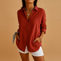 Luna | Women's Linen Button Down Blouse Long Sleeve Relaxed Fit Red