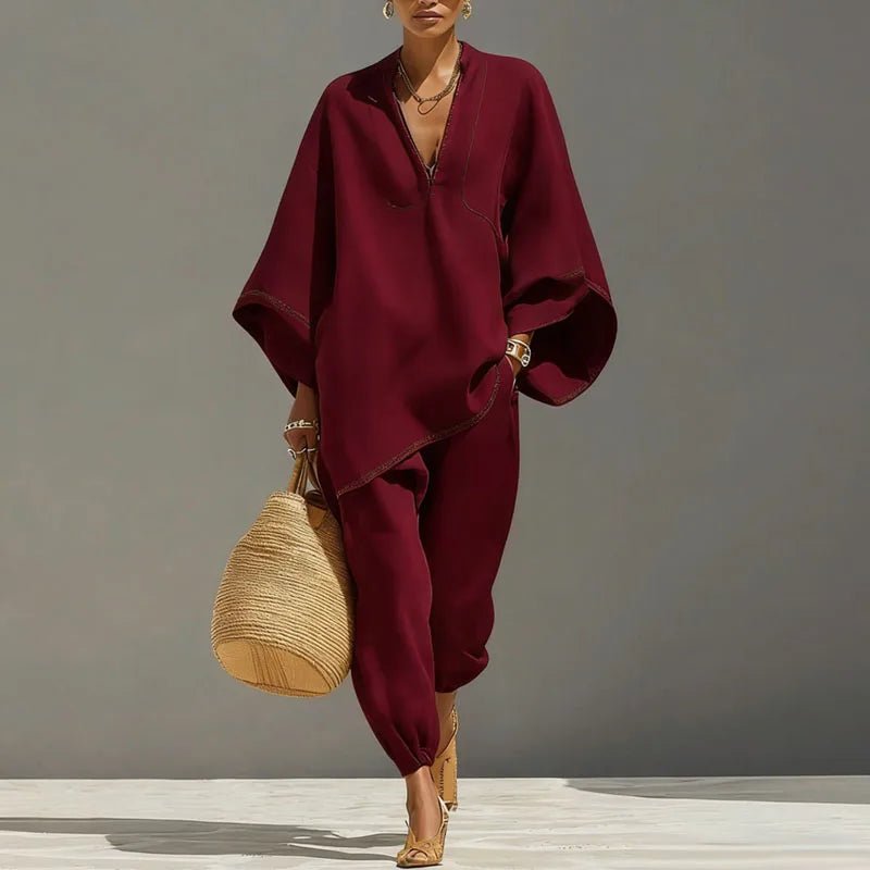 Evelyn | Women's Linen Matching Set Batwing Top Tapered Pants Wine Red
