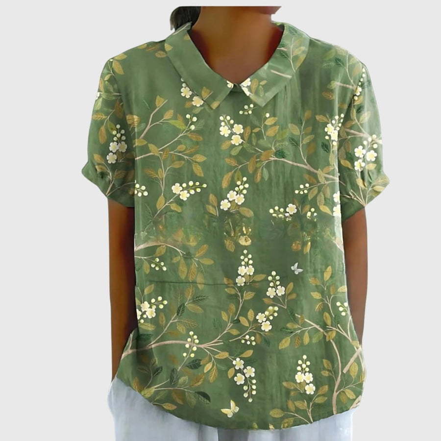 Grace | Women's Linen Short Sleeve Collared Blouse Relaxed Fit Green