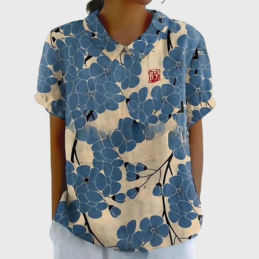 Grace | Women's Linen Short Sleeve Collared Blouse Relaxed Fit Dusty Blue