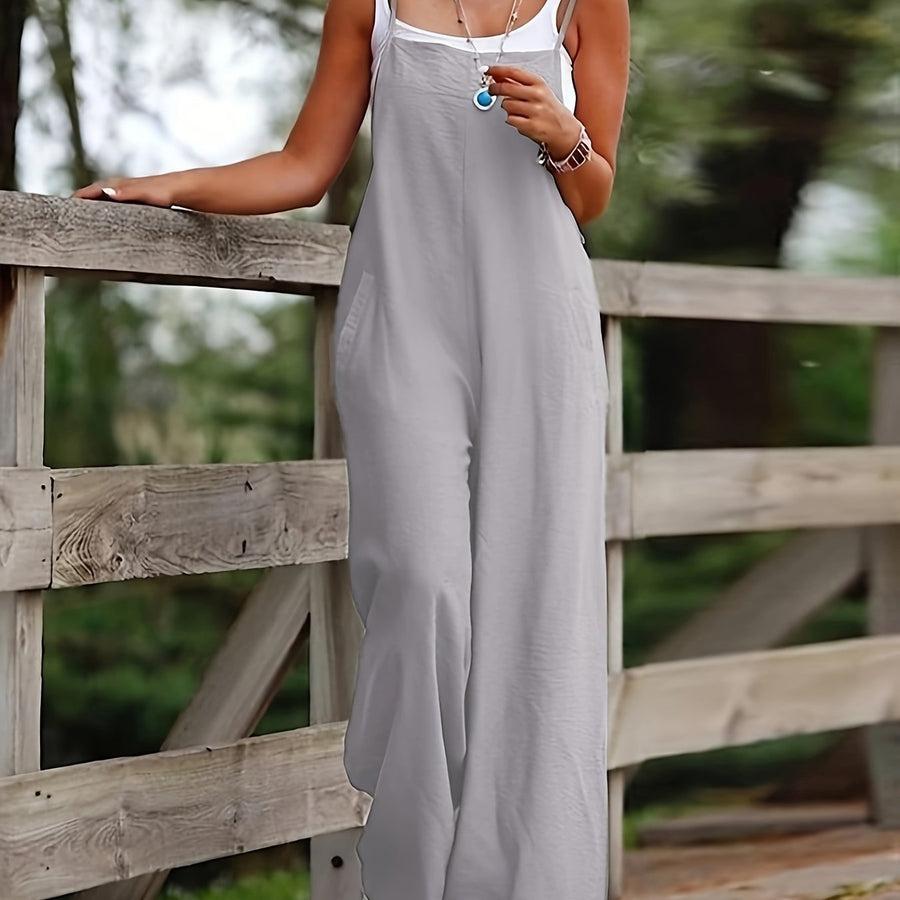 Layla | Women's Linen Wide Leg Pants Sleeveless Bib Overall Jumpsuit Silvery Grey
