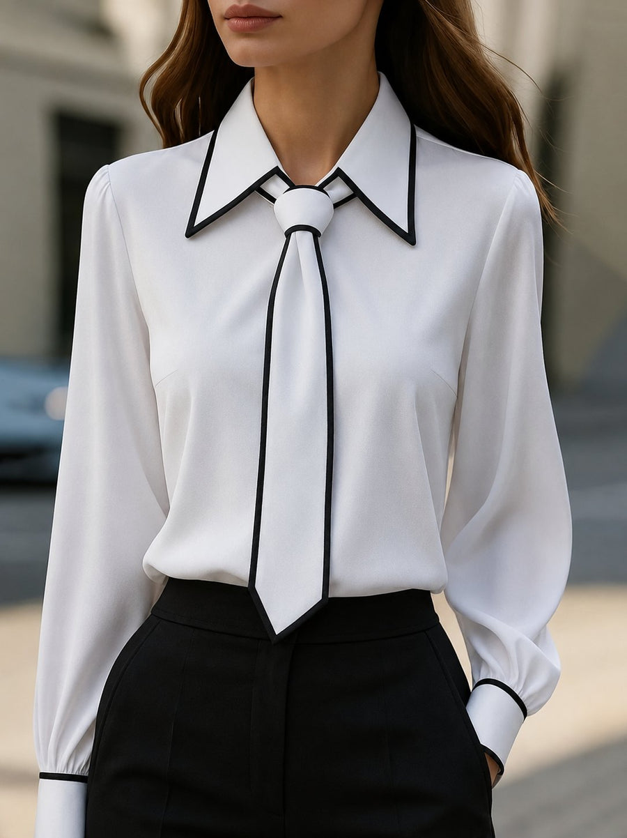 Victoria | Women's Long Sleeve Contrast Trim Tie Neck Button-Down White