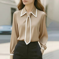Victoria | Women's Long Sleeve Contrast Trim Tie Neck Button-Down Beige
