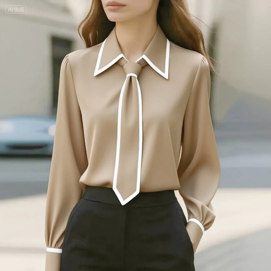 Victoria | Women's Long Sleeve Contrast Trim Tie Neck Button-Down Beige