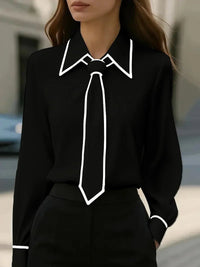 Victoria | Women's Long Sleeve Contrast Trim Tie Neck Button-Down Black