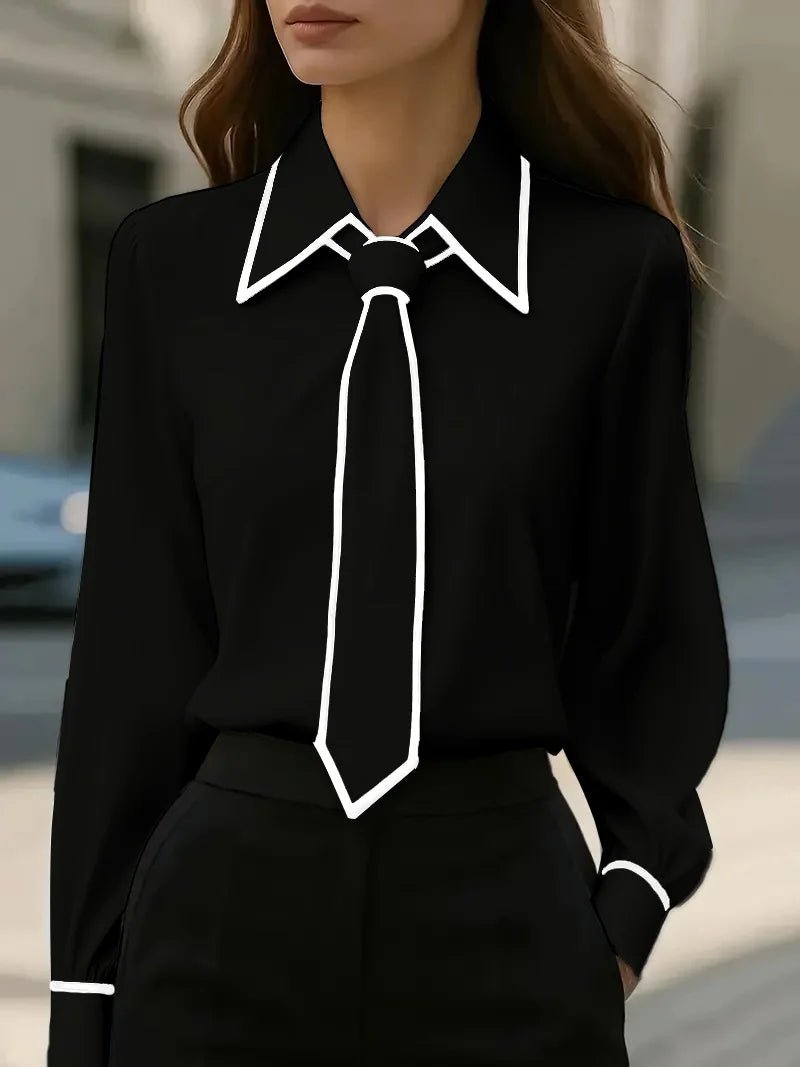 Victoria | Women's Long Sleeve Contrast Trim Tie Neck Button-Down Black