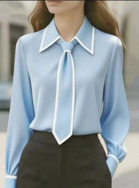 Victoria | Women's Long Sleeve Contrast Trim Tie Neck Button-Down Sky Blue