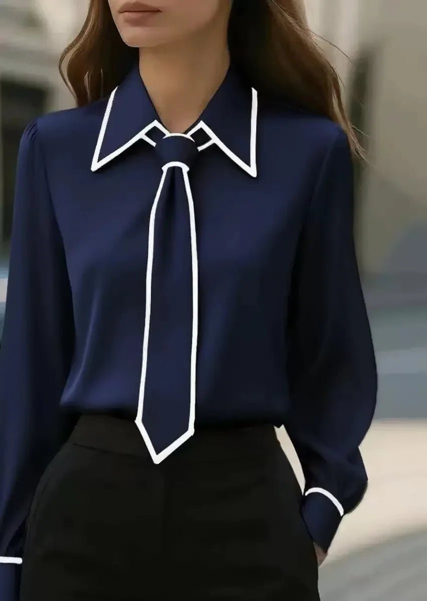 Victoria | Women's Long Sleeve Contrast Trim Tie Neck Button-Down Navy Blue