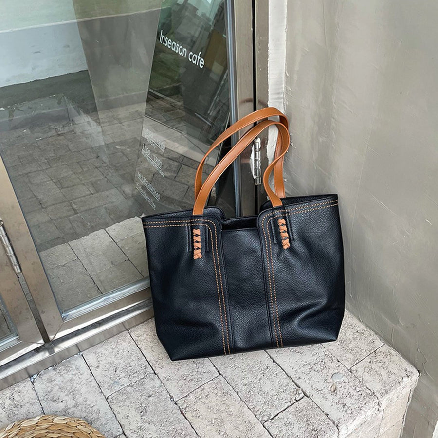 Harper | Women's Minimalist Vegan Leather Large Shoulder Tote Bag Black
