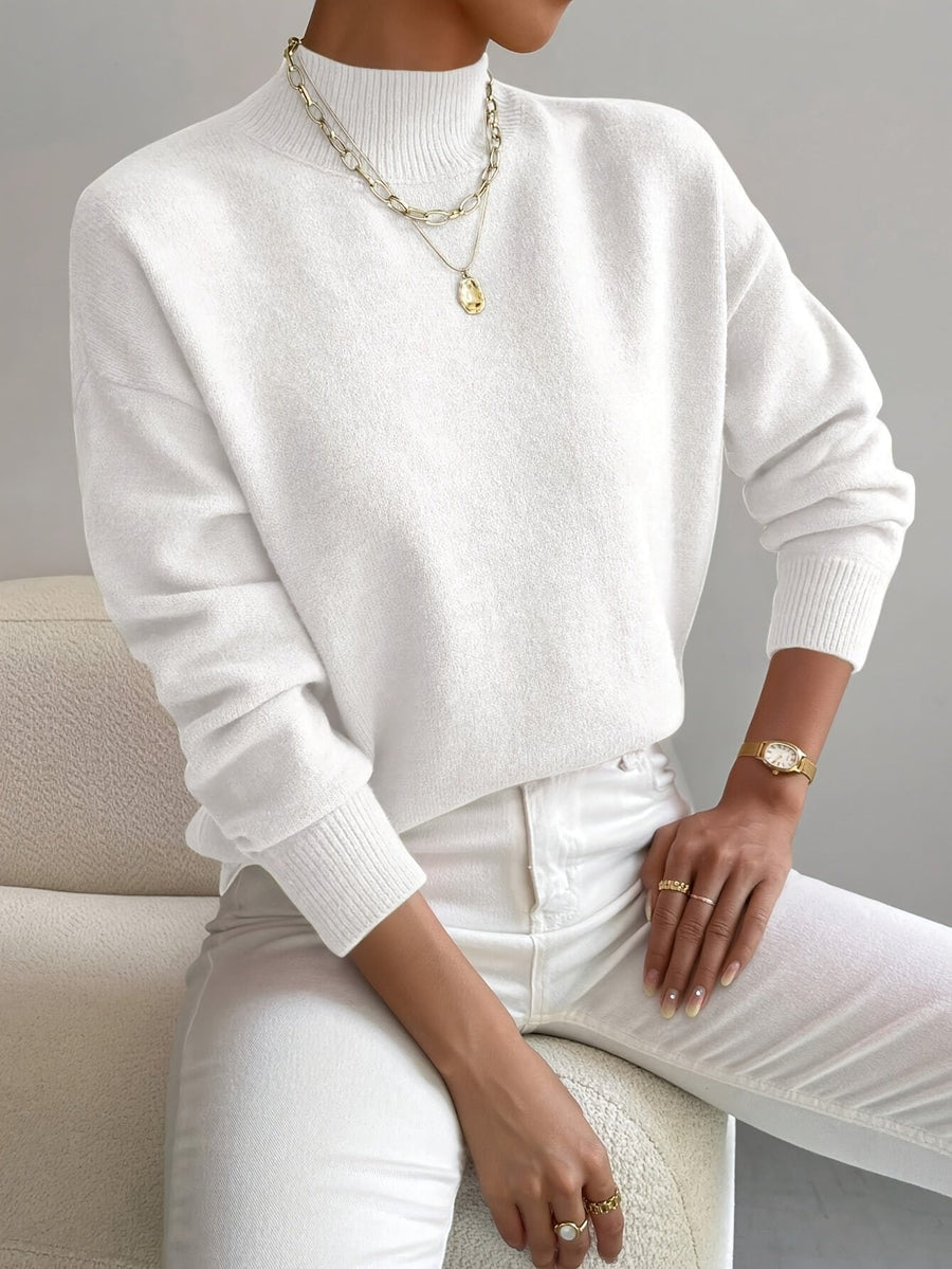 Layla | Women's Mock Turtleneck Relaxed-Fit Long Sleeve Sweater White