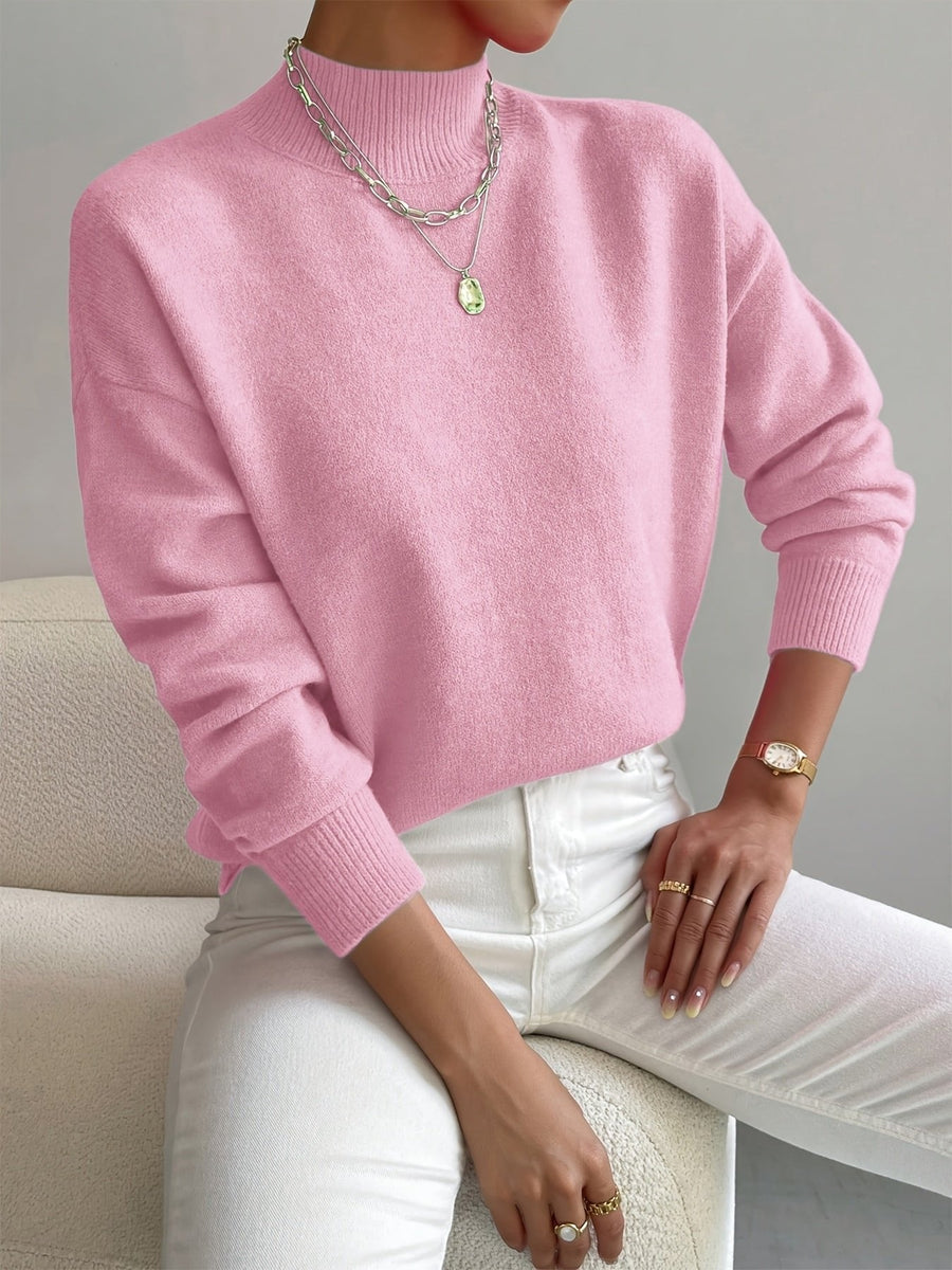 Layla | Women's Mock Turtleneck Relaxed-Fit Long Sleeve Sweater Light Pink