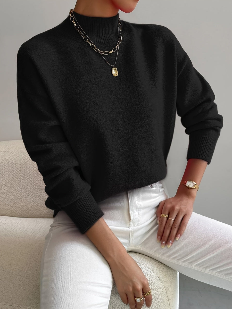 Layla | Women's Mock Turtleneck Relaxed-Fit Long Sleeve Sweater Black