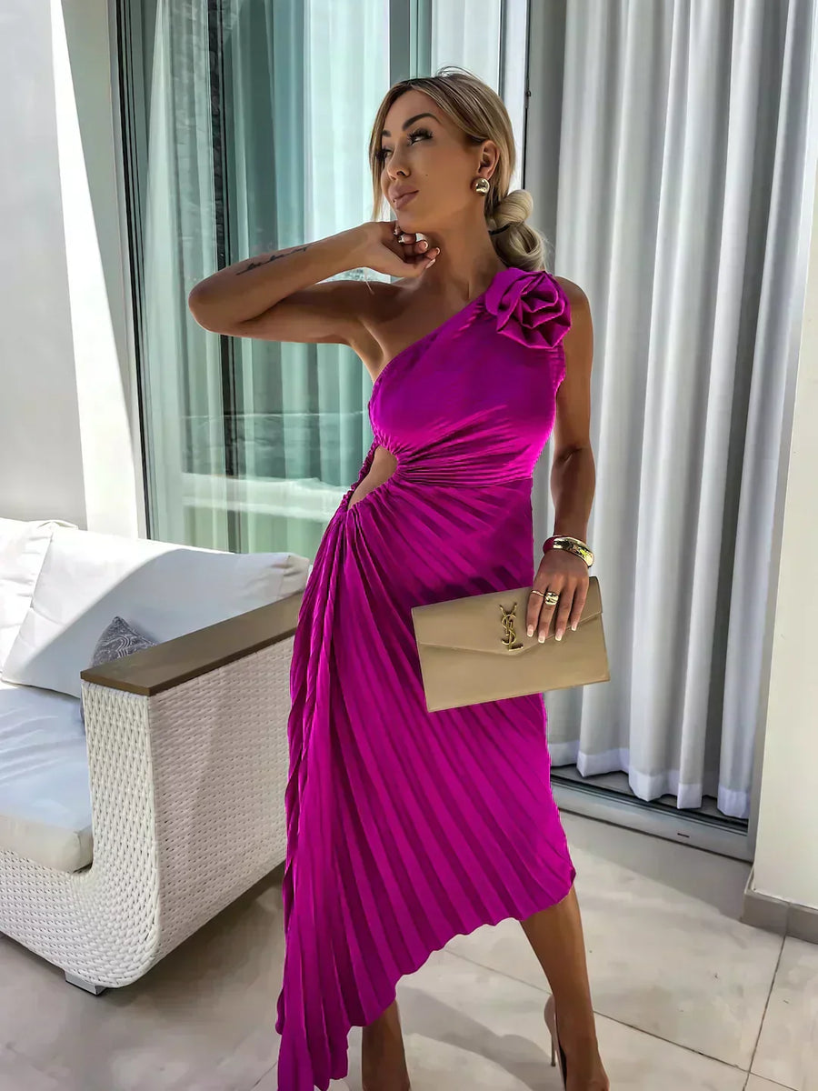 Sunday One Shoulder Midi Dress Rose Red