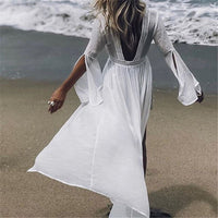 Luna | Women's Open-Back Maxi Beach Tunic Flowy Kimono Cover-Up White
