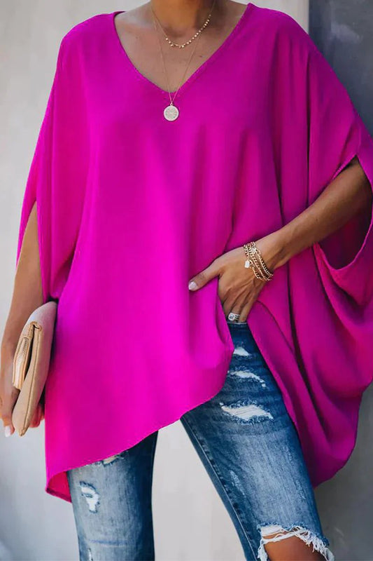 Madison | Women's Oversized Batwing-Sleeve V-Neck Tunic Top Pink
