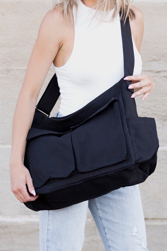 Harper | Women's Oversized Black Canvas Tote Bag Crossbody Messenger Black